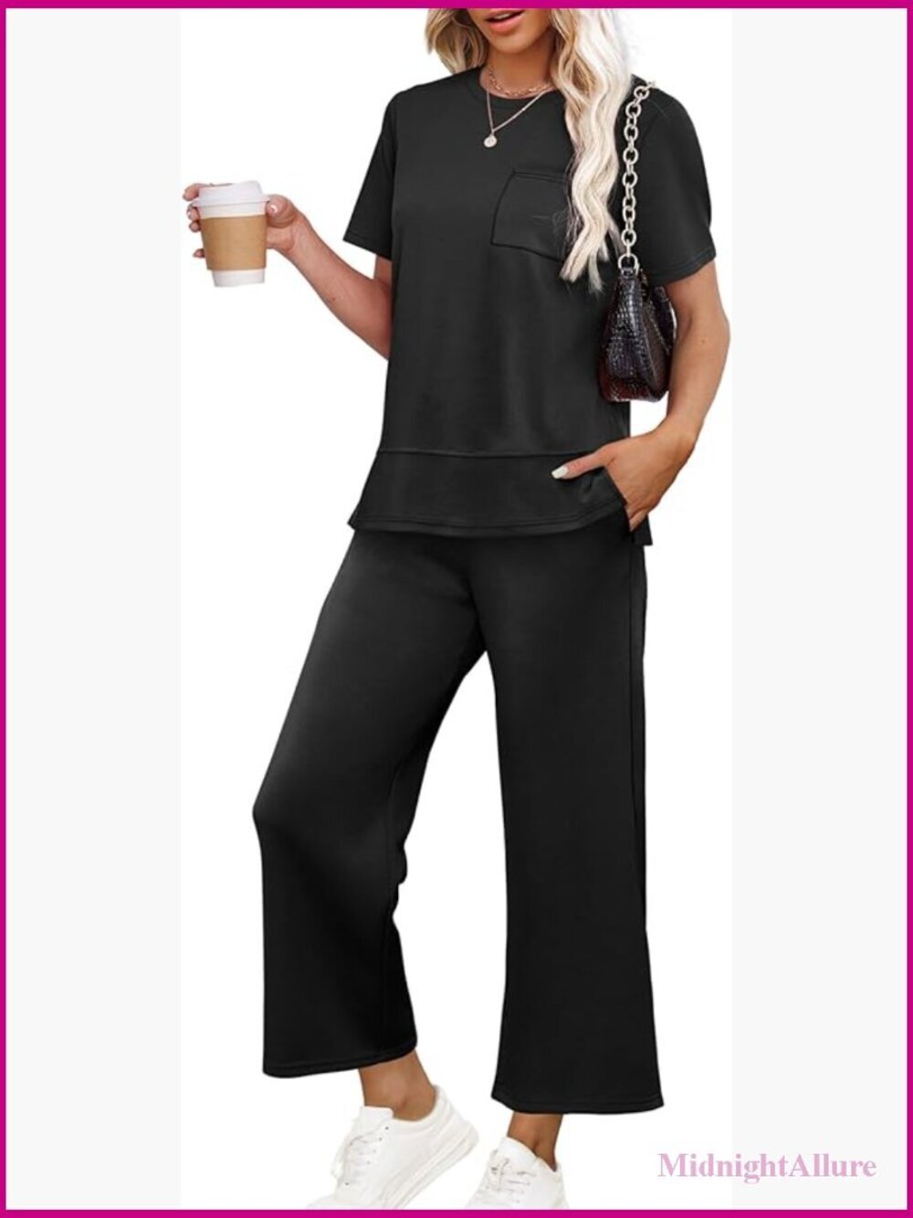 2 Piece Lounge Set Wide Leg Pants Side Slit Top Lightweight Travel Outfits S-3XL